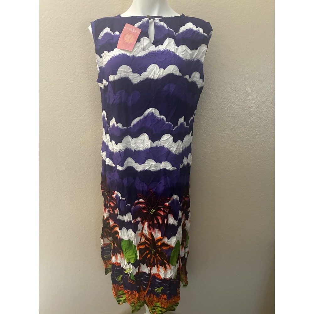 Bali Chic Womens XL Tropical Palm Tree Cloud Print Rayon Sleeveless Midi Dress